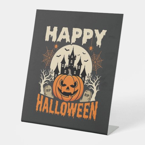 Happy Halloween Jack O Lantern Haunted Castle Pedestal Sign