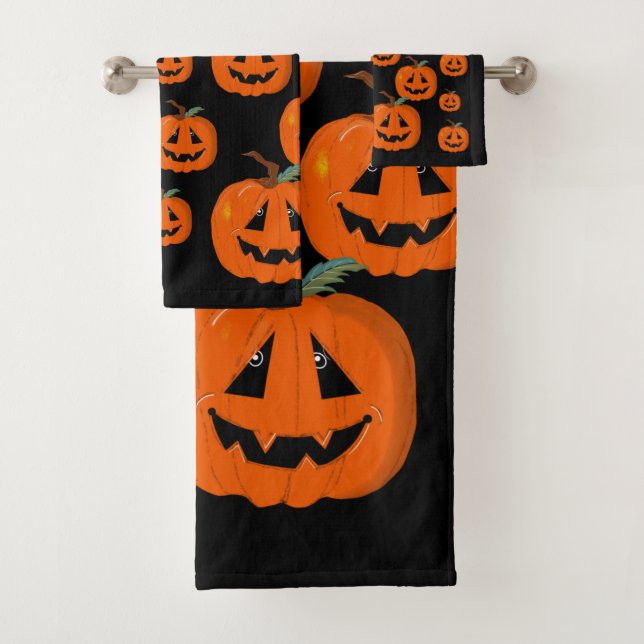 Happy Halloween Jack O Lantern Illustrative Art Bath Towel Set (Insitu)
