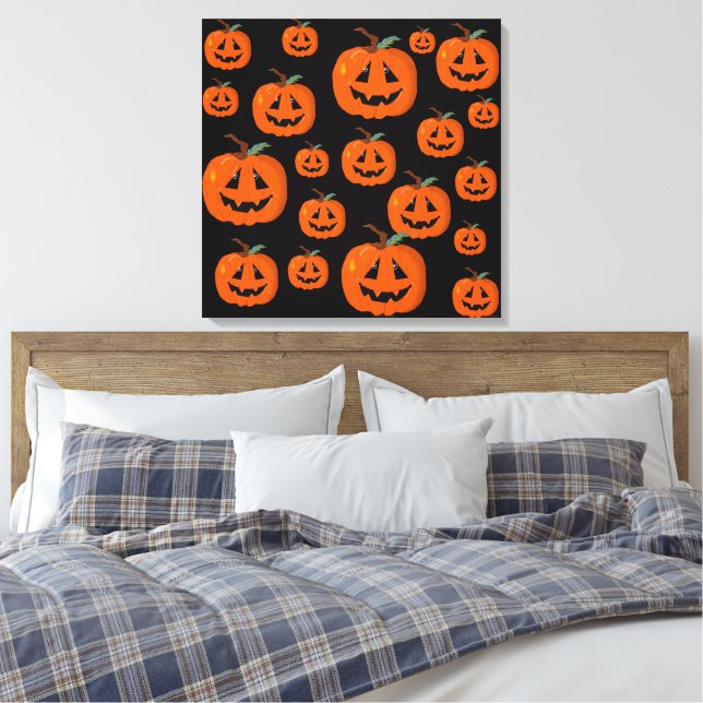 Happy Halloween Jack O Lantern Illustrative Art Canvas Print (Insitu(Bedroom))