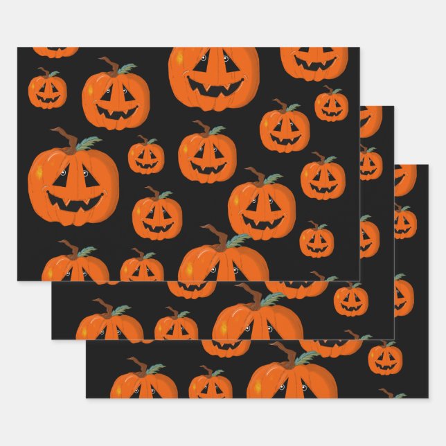 Happy Halloween Jack O Lantern Illustrative Art Wrapping Paper Sheets (Set)