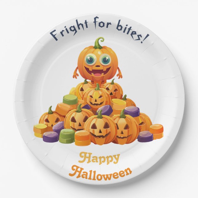 Happy Halloween Jack-O-Lantern On Pile Of Candy Paper Plates (Front)