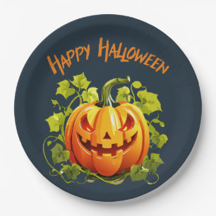 Happy Halloween Jack-O-Lantern On Vine Paper Plates