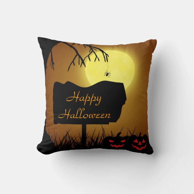 Happy Halloween Jack O Lantern Pumpkins Throw Pillow (Front)