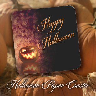 Happy Halloween Jack O'Lantern Black and Orange Square Paper Coaster