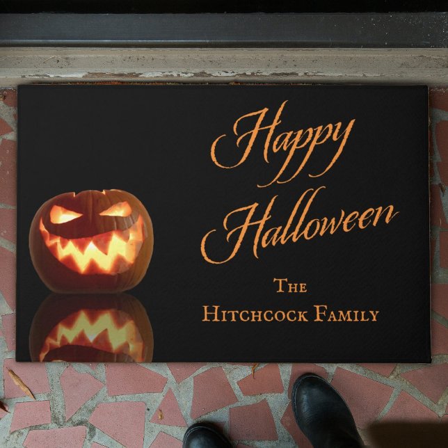 Happy Halloween Jack O'Lantern Name Template Doormat (Welcome guest to your home with this festive Happy Halloween doormat with a smiling Jack O'Lantern.)