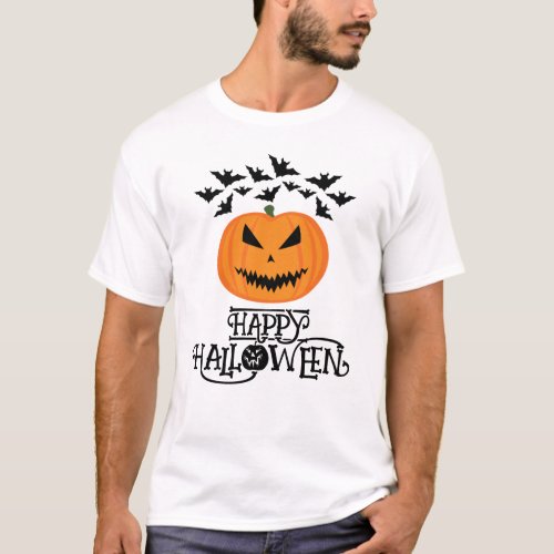 Happy Halloween Jack OLantern pumpkin bats T_Shirt