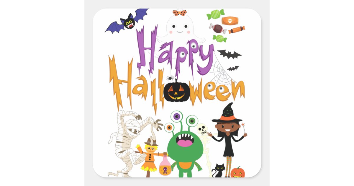 Happy Halloween Kids Cute and Spooky Square Sticker | Zazzle