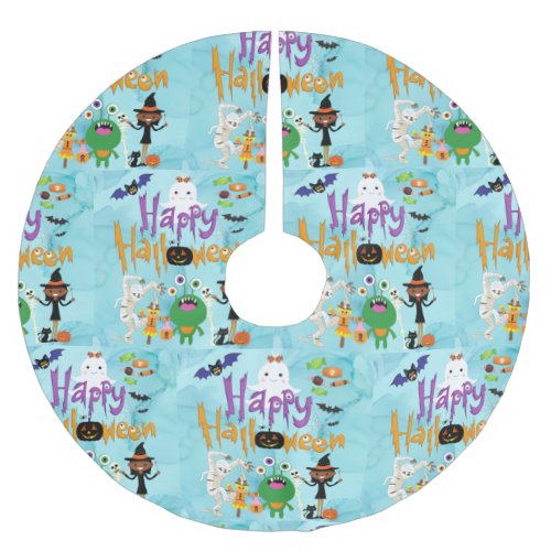 Happy Halloween Kids Cute and Spooky Watercolor   Brushed Polyester Tree Skirt