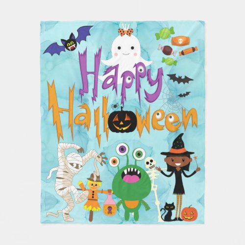Happy Halloween Kids Cute and Spooky Watercolor   Fleece Blanket