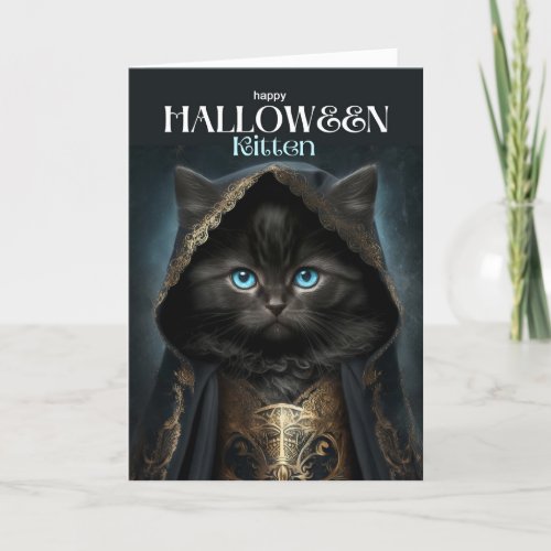 Happy Halloween Kitten Cute Black Cat Witch Cape Holiday Card