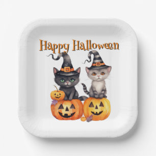 Happy Halloween KITTENS & PUMPKINS on White Paper Plates