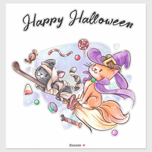 Happy Halloween Kittens Riding a Broom Sticker (Sheet)