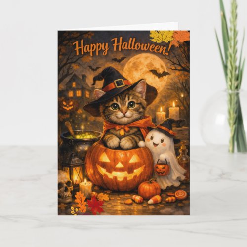 Happy Halloween Kitty & Ghost Card • Cute Spooky