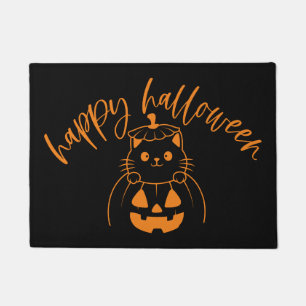 Happy Halloween Kitty in a Pumpkin Doormat