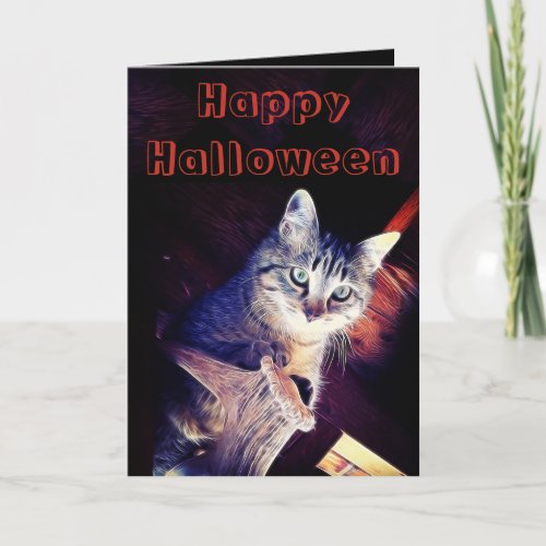 Happy Halloween Kitty In Rafters Photograph Card