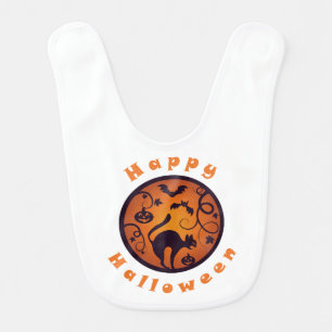 Happy Halloween lantern black cat spiders and bats Baby Bib