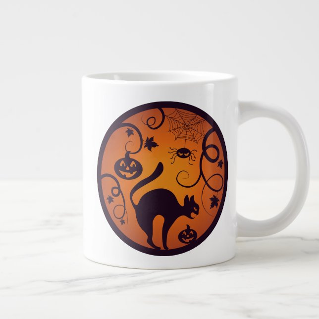 Happy Halloween lantern black cat spiders and bats Giant Coffee Mug (Right)