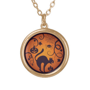 Happy Halloween lantern black cat spiders and bats Gold Plated Necklace