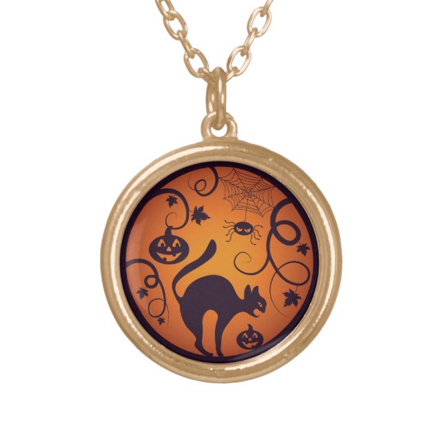 Happy Halloween lantern black cat spiders and bats Gold Plated Necklace (Front)