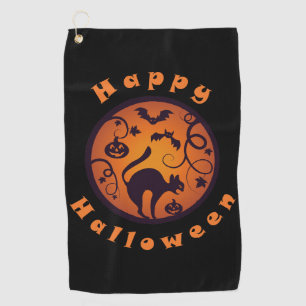 Happy Halloween lantern black cat spiders and bats Golf Towel