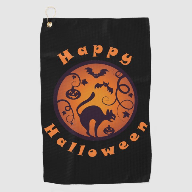 Happy Halloween lantern black cat spiders and bats Golf Towel (Front)