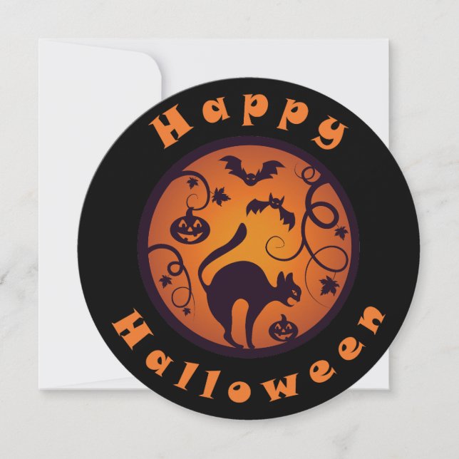 Happy Halloween lantern black cat spiders and bats Holiday Card (Front)
