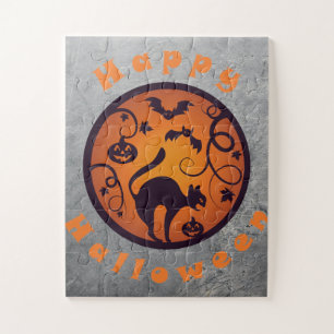 Happy Halloween lantern black cat spiders and bats Jigsaw Puzzle