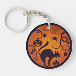 Happy Halloween lantern black cat spiders and bats Keychain
