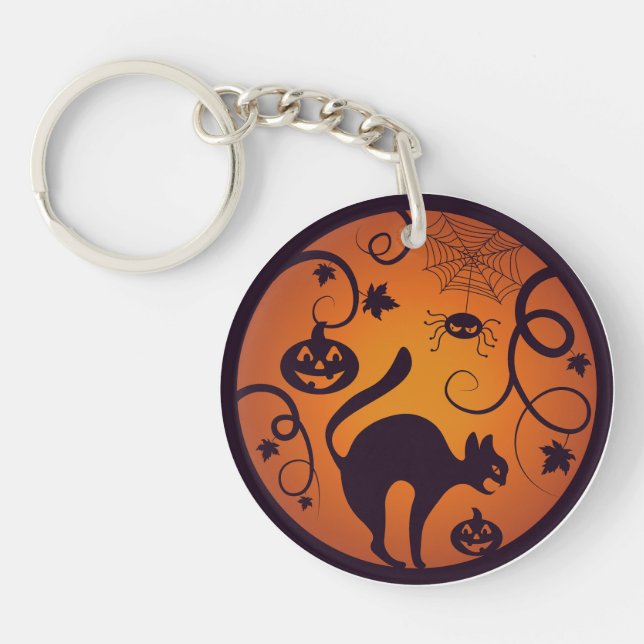 Happy Halloween lantern black cat spiders and bats Keychain (Front)