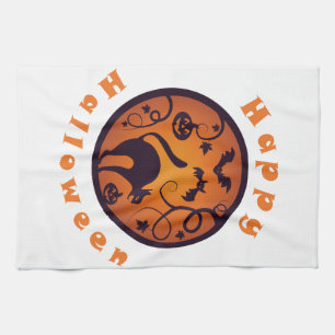 Happy Halloween lantern black cat spiders and bats Kitchen Towel