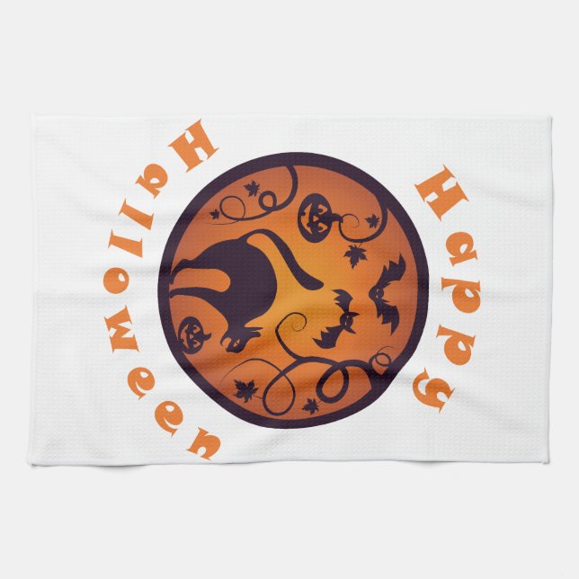 Happy Halloween lantern black cat spiders and bats Kitchen Towel (Horizontal)
