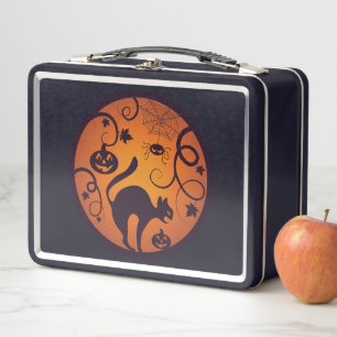 Happy Halloween lantern black cat spiders and bats Metal Lunch Box