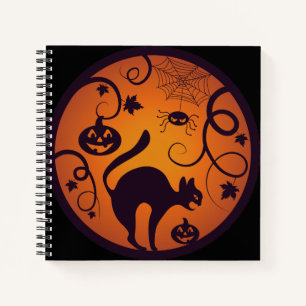 Happy Halloween lantern black cat spiders and bats Notebook