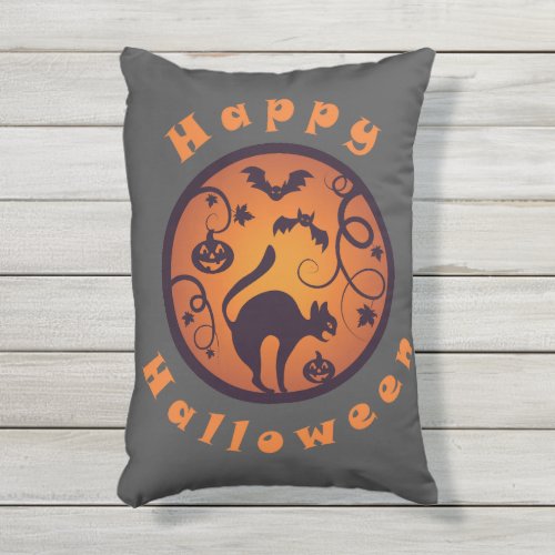 Happy Halloween lantern black cat spiders and bats Outdoor Pillow