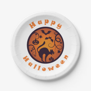 Happy Halloween lantern black cat spiders and bats Paper Plates