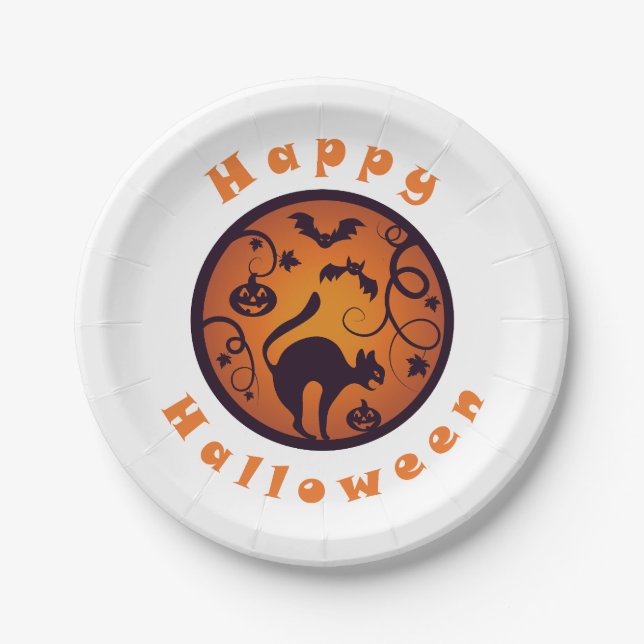 Happy Halloween lantern black cat spiders and bats Paper Plates (Front)