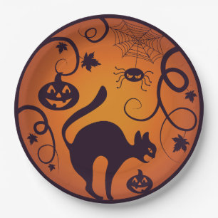 Happy Halloween lantern black cat spiders and bats Paper Plates