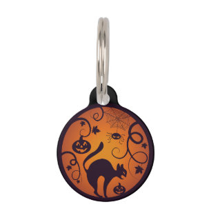 Happy Halloween lantern black cat spiders and bats Pet ID Tag