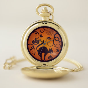 Happy Halloween lantern black cat spiders and bats Pocket Watch
