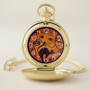 Happy Halloween lantern black cat spiders and bats Pocket Watch