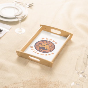 Happy Halloween lantern black cat spiders and bats Serving Tray