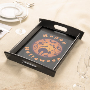 Happy Halloween lantern black cat spiders and bats Serving Tray