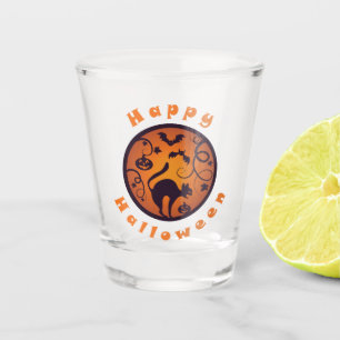 Happy Halloween lantern black cat spiders and bats Shot Glass