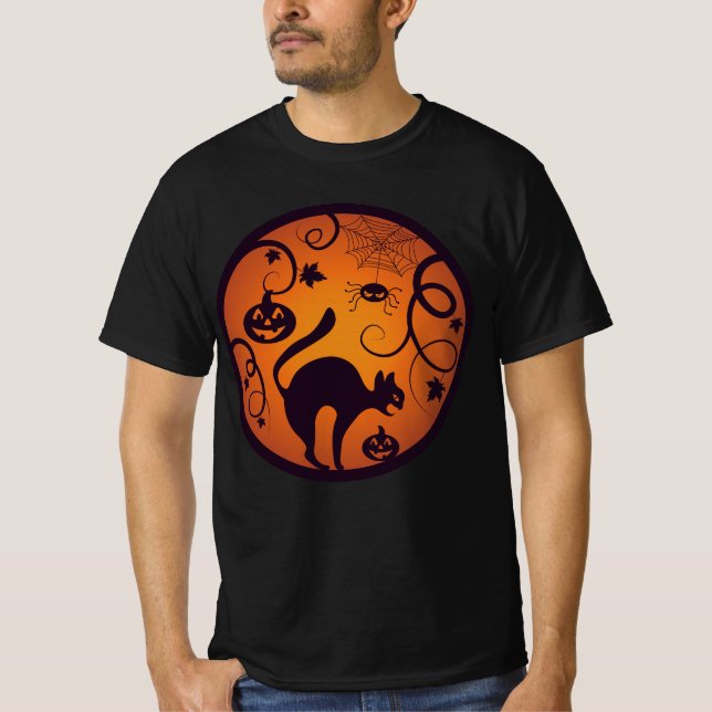Happy Halloween lantern black cat spiders and bats T-Shirt (Front)