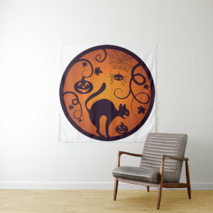 Happy Halloween lantern black cat spiders and bats Tapestry