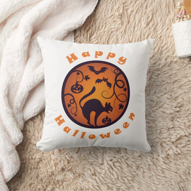 Happy Halloween lantern black cat spiders and bats Throw Pillow (Blanket)
