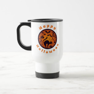 Happy Halloween lantern black cat spiders and bats Travel Mug