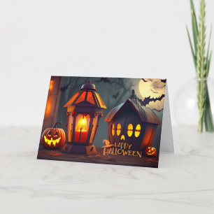 Happy Halloween Lantern, Night Bats Flying Card