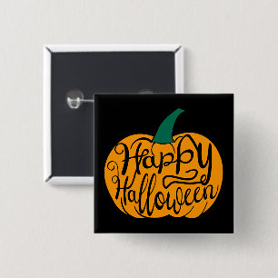 Happy Halloween lettering on carved pumpkin Button