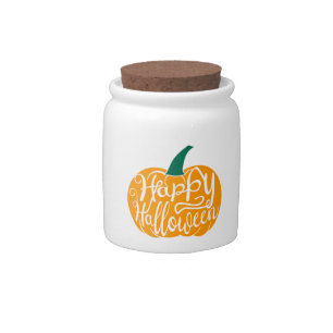 Happy Halloween lettering on carved pumpkin Candy Jar